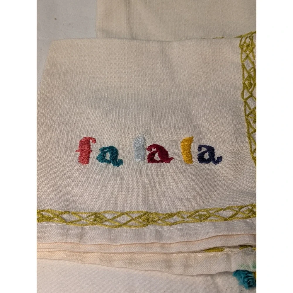 Set of 4 Fa La La Embroidered Christmas Napkins Cream with Teal Pom Tassels